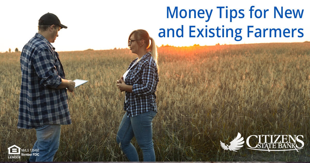 Two farmers standing in wheat field with text